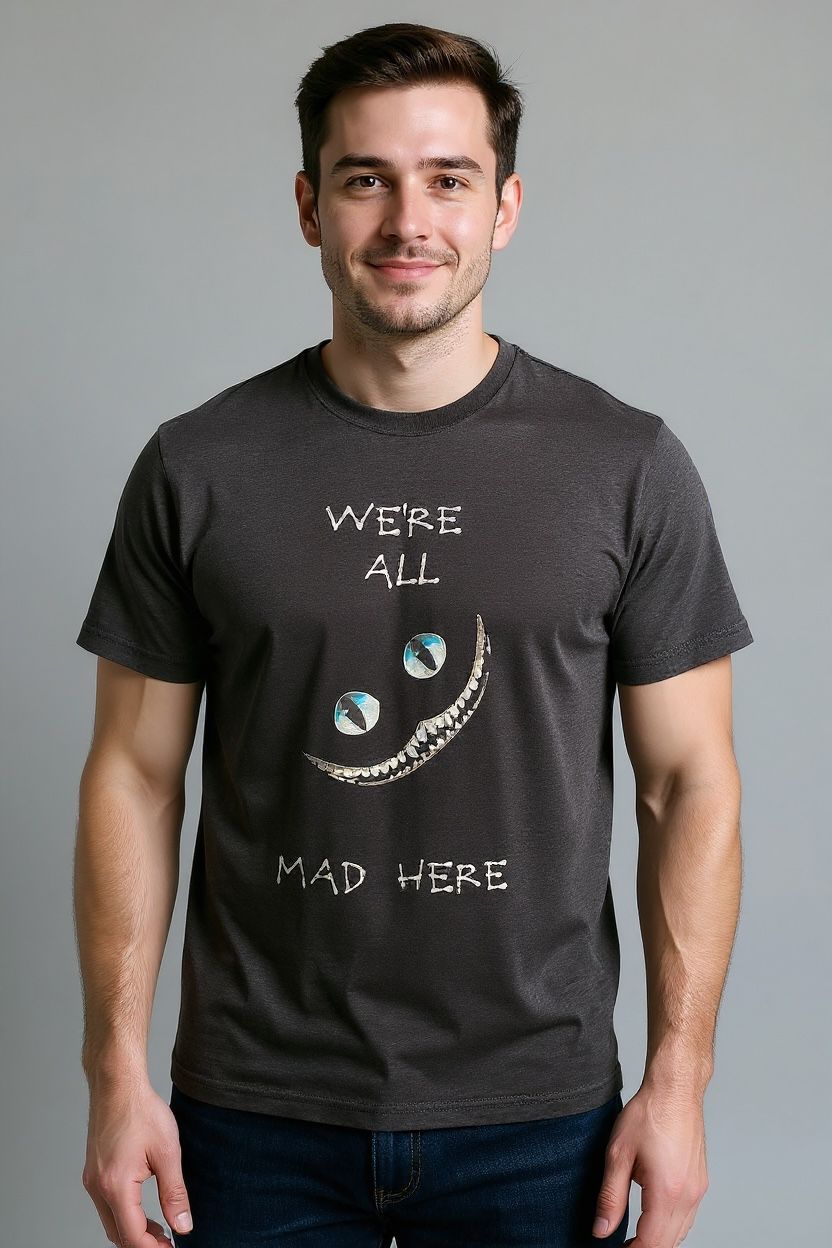 "We're All Mad Here" Cheshire-Inspired Graphic Tee – Charcoal Black