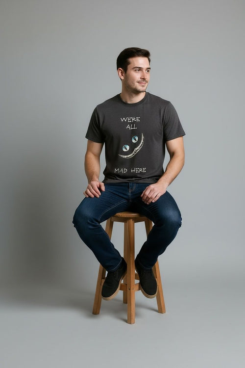 "We're All Mad Here" Cheshire-Inspired Graphic Tee – Charcoal Black
