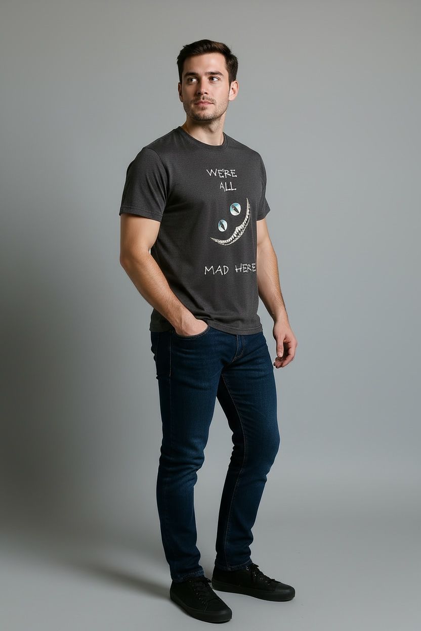 "We're All Mad Here" Cheshire-Inspired Graphic Tee – Charcoal Black