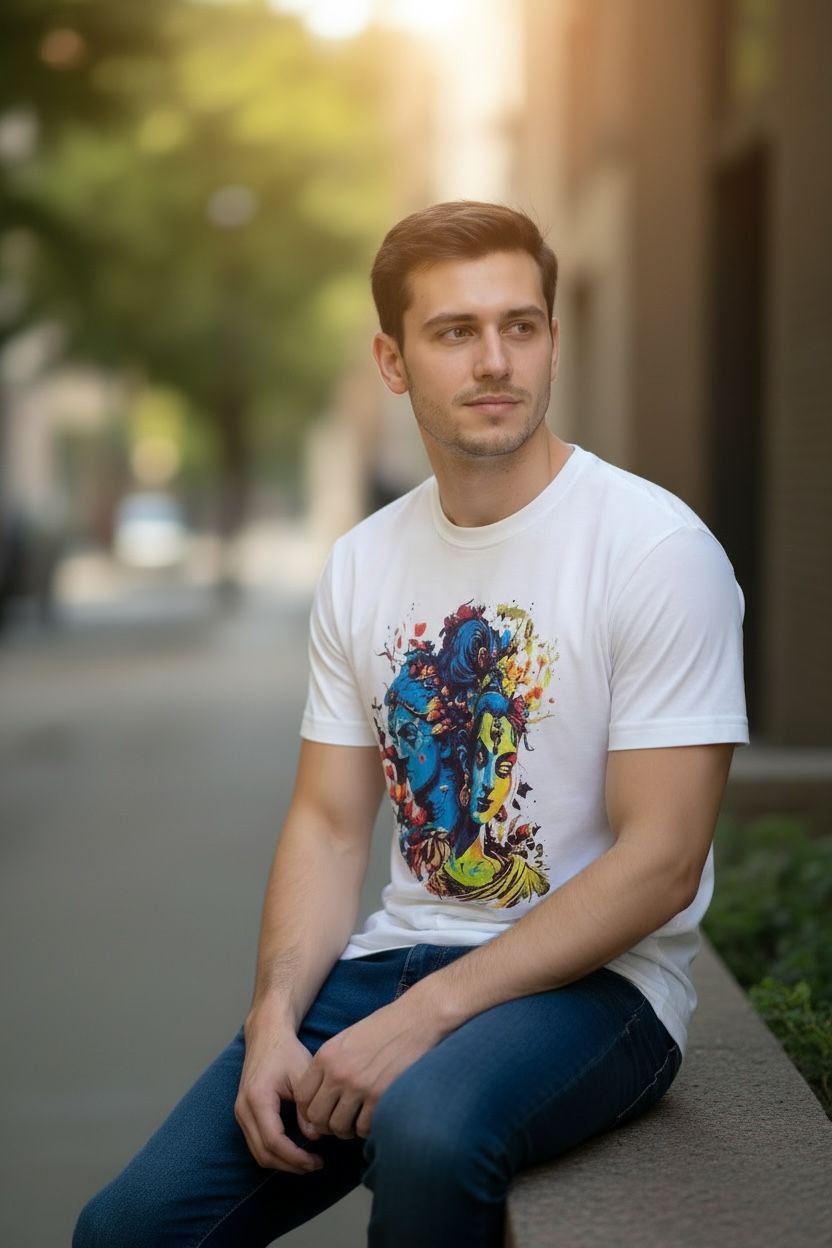 Divine Radiance: Radha-Krishna Abstract Graphic Tee